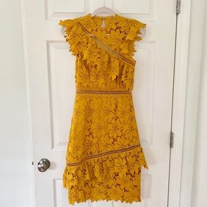 SAYLOR Asymmetric Lace Dress, Mustard, Yellow, XS